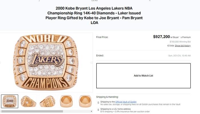 科比总冠军戒指拍出670万元 创NBA拍卖纪录